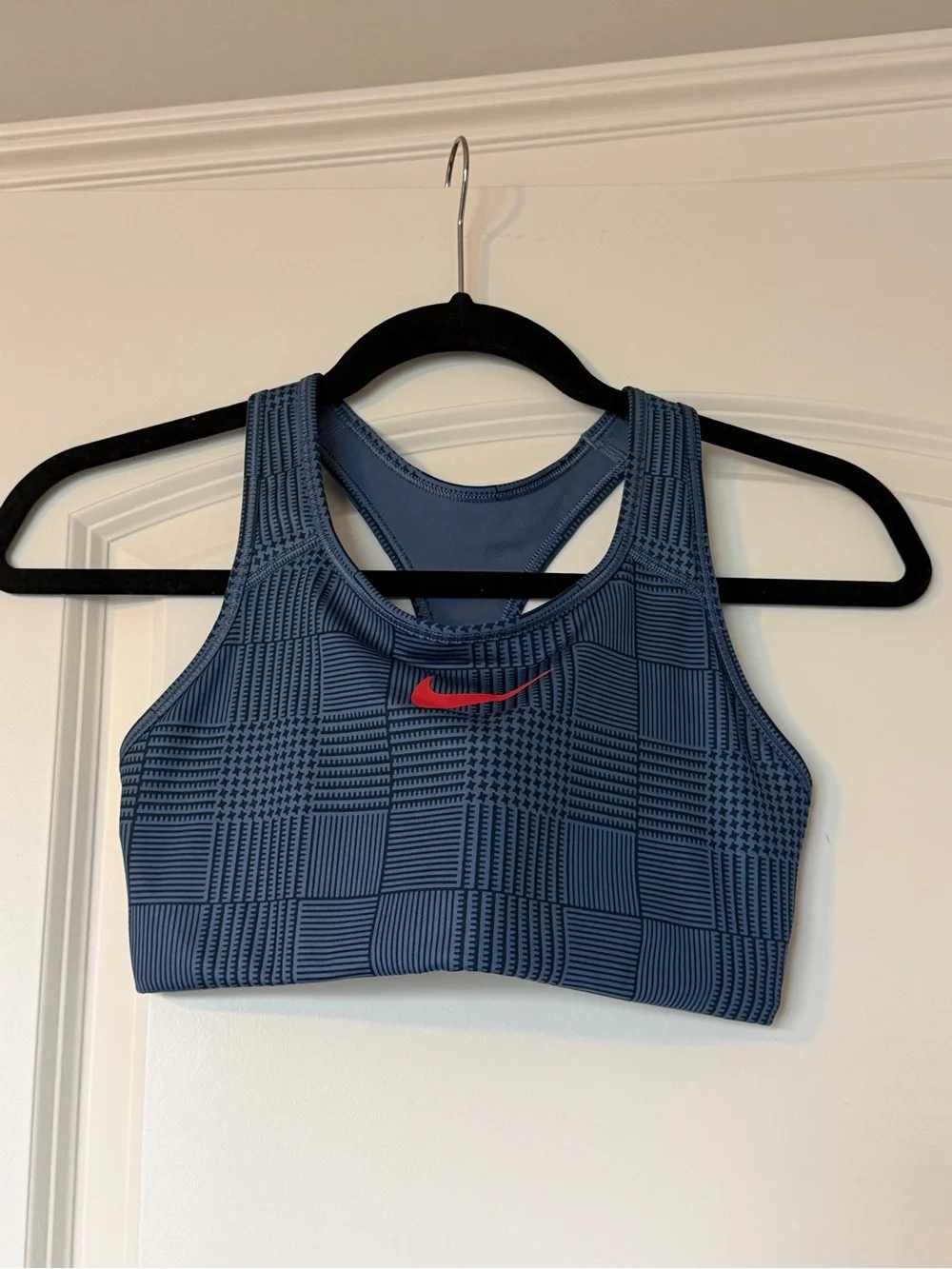 Nike Blue Houndstooth Racerback Sports Bra with Red Swoosh